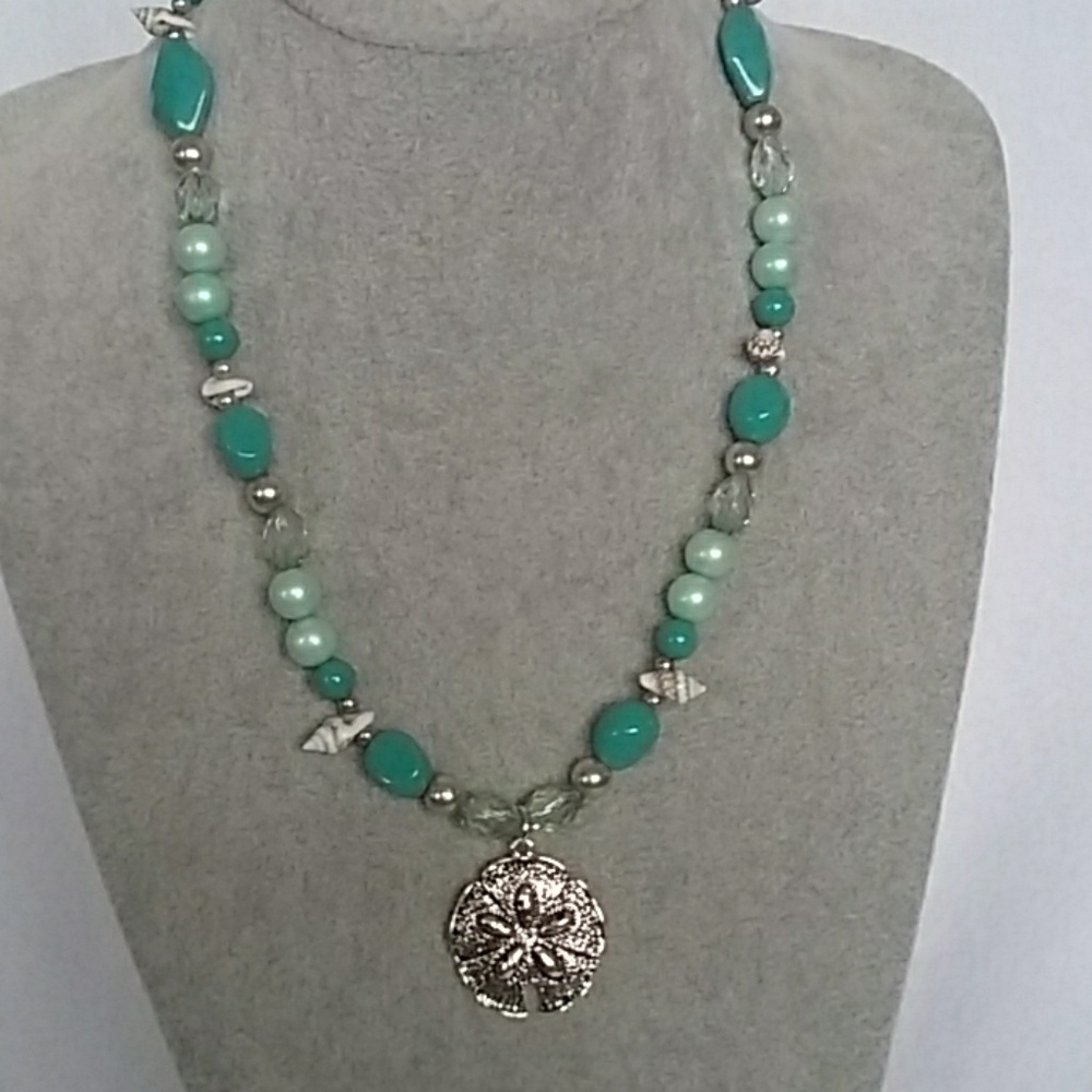 Womens sand dollar charm teal beaded necklace